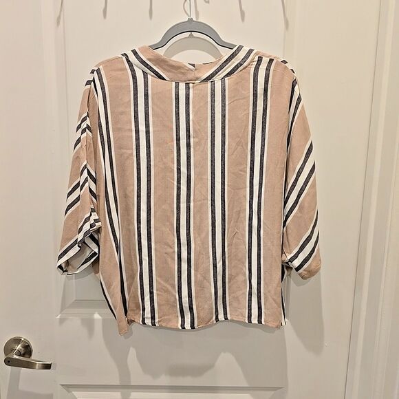 Sim & Sam Striped Tie Front Bouse Top Shirt XL Women's Pink Taupe Blue White - Picture 2 of 9